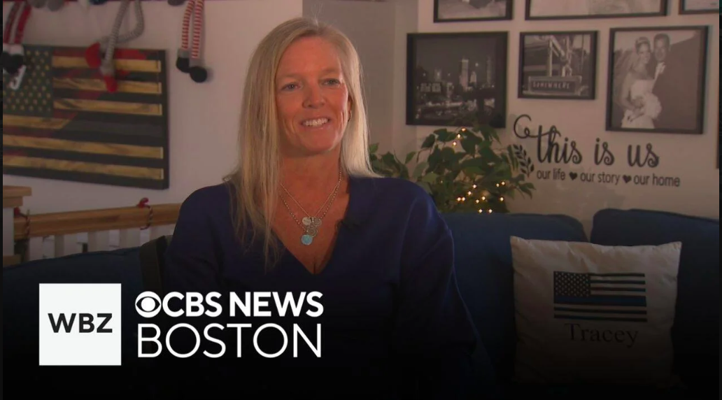 Screen grab from the CBS coverage of how 100 Club has supported a widow.